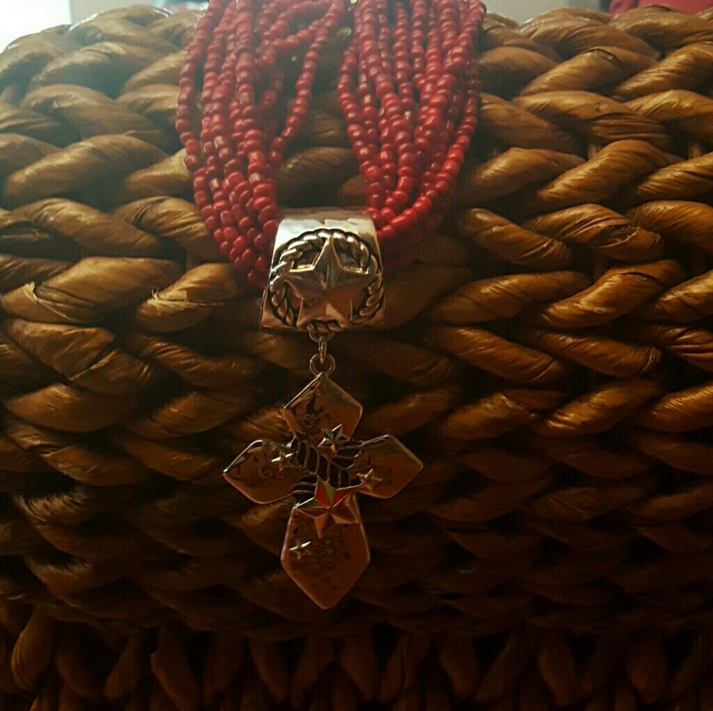 Red Multi Strand Beaded Silver Cross Necklace!