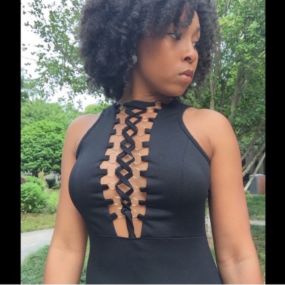 Black Lattice Lace Up Tie Up Dress - Picture 4 of 5