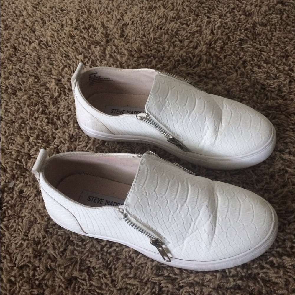 Steve Madden white slip ons vans