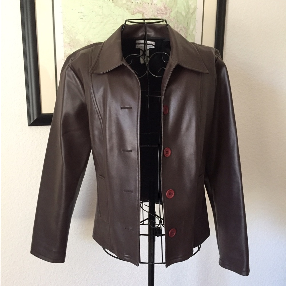 Dark brown faux leather jacket.