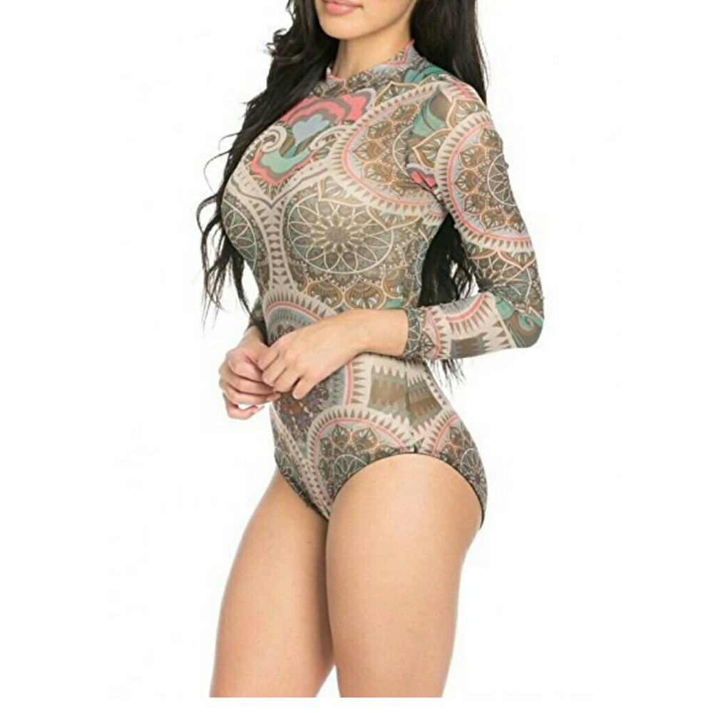 Sheer Printed long sleeved bodysuit