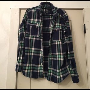 Green and Navy Blue Plaid Flannel Shirt