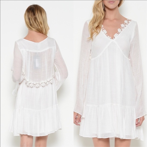 🆕 Romantic Bell Shaped Sleeve White  V Neck Dress - Picture 3 of 4