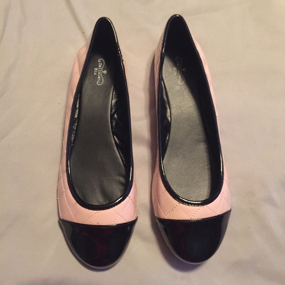 Blush and black patent cap toe flats