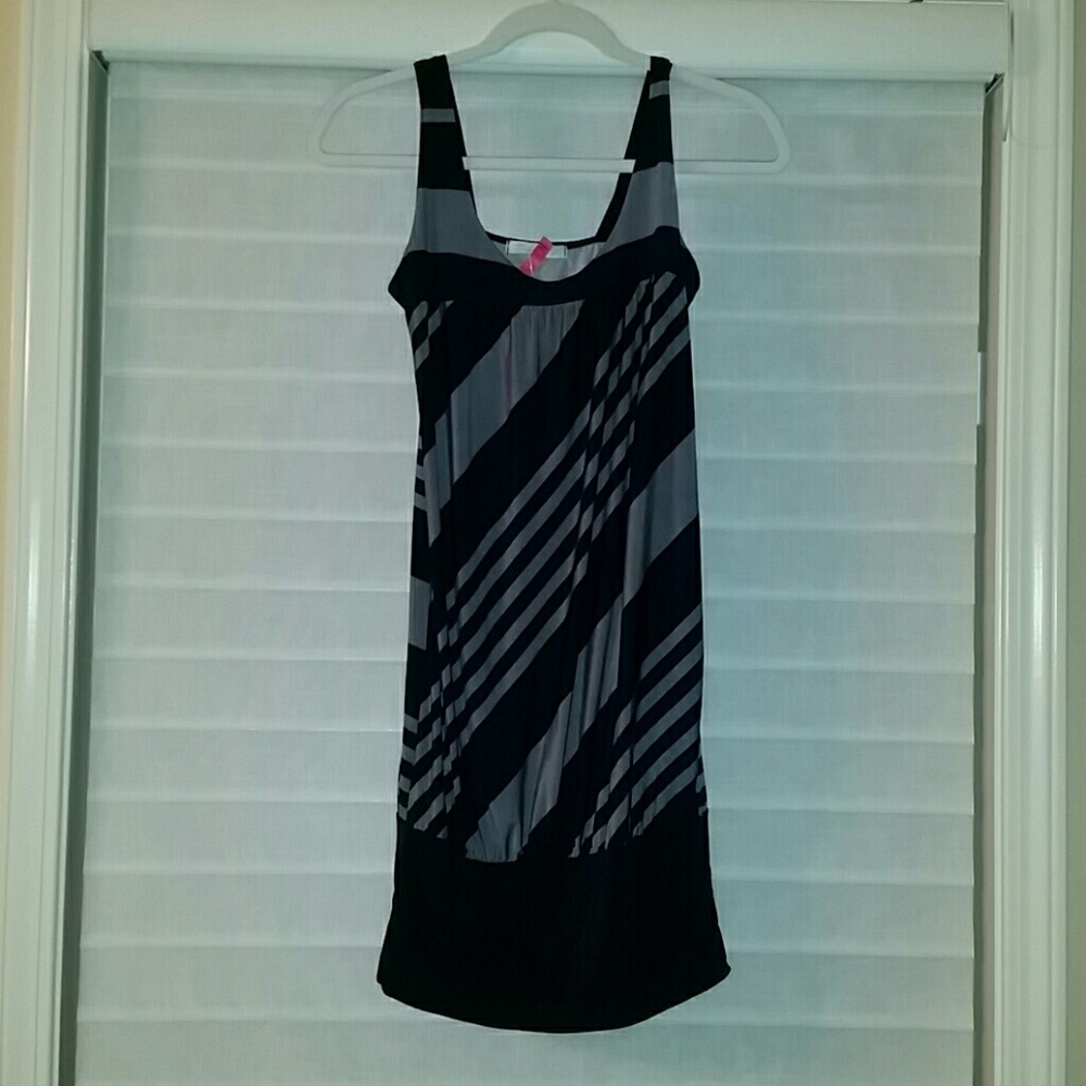 Navy and gray stripped dress with banded hem.