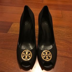 Tory Burch Black Leather Peep Toe Wedge
