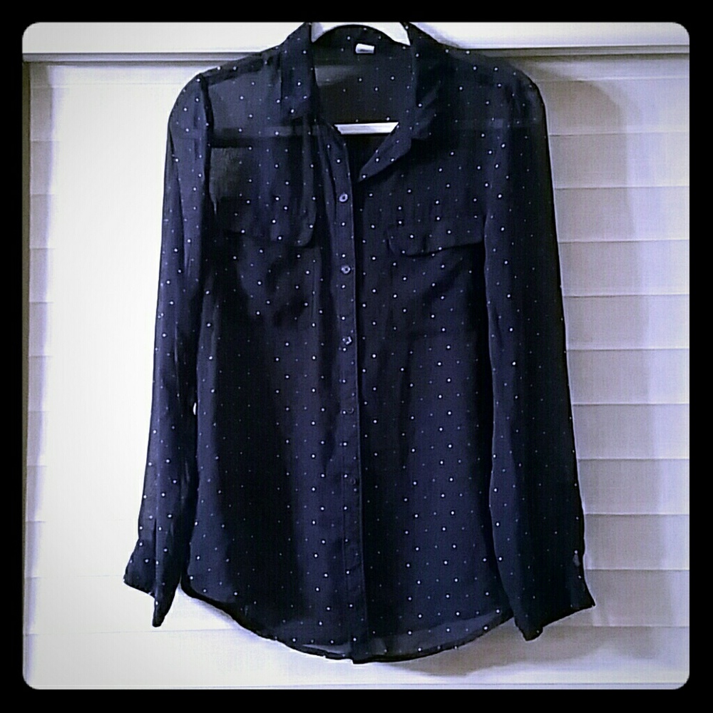 Navy with white and blue polka dots sheer blouse