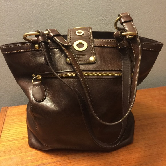 SOLD Coach Purse- Dark Brown Leather- Striped Int. - Picture 3 of 7