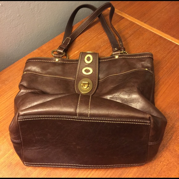 SOLD Coach Purse- Dark Brown Leather- Striped Int. - Picture 5 of 7
