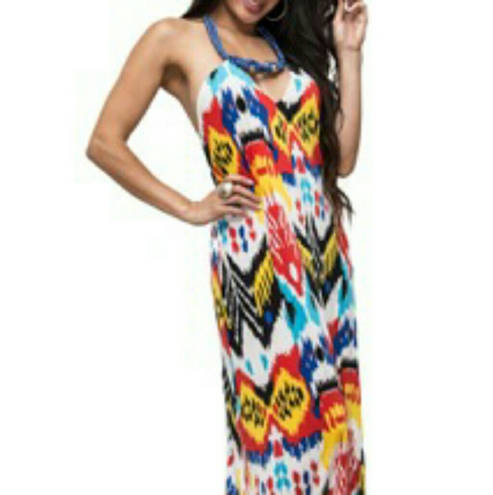 Rope neckline, halter multi-color maxi dress.
