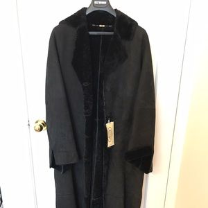 NWT Designer Black Shearling Long Fur Coat Jacket