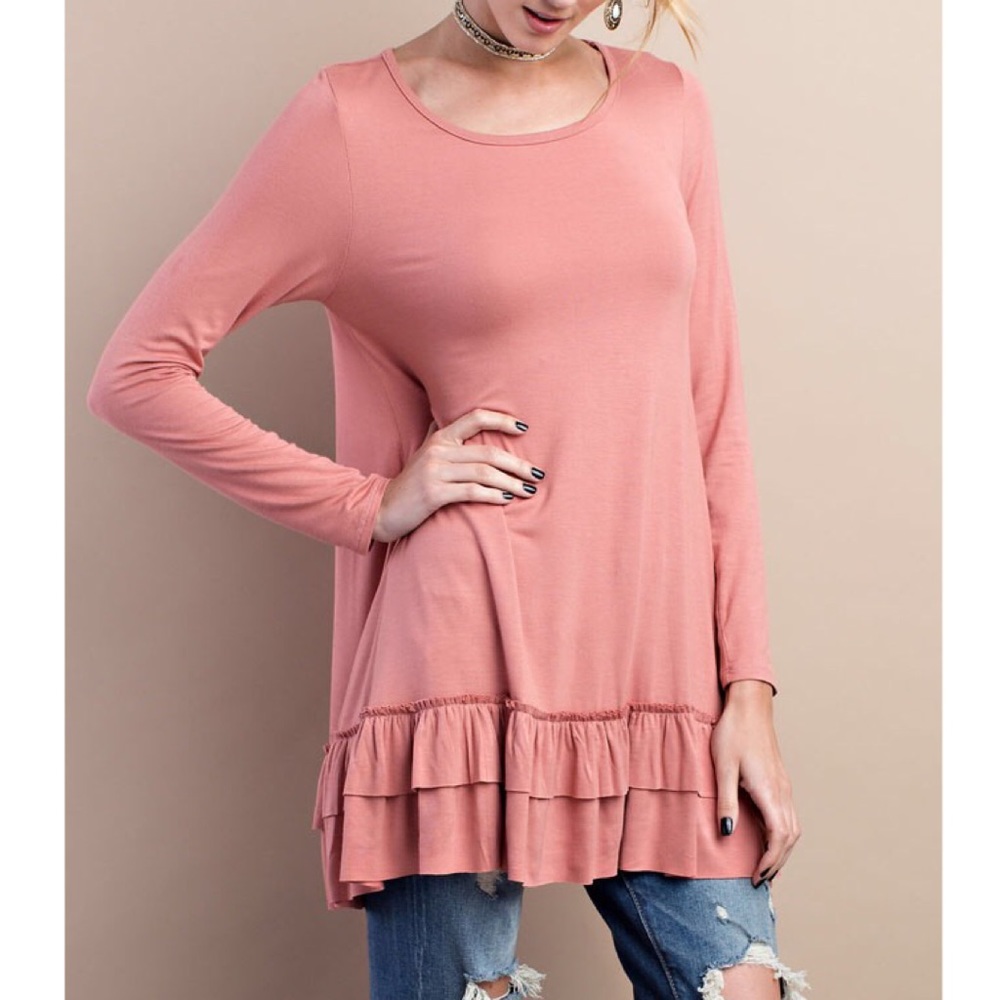 Light brick ruffle hem long sleeve tunic top - Picture 2 of 4