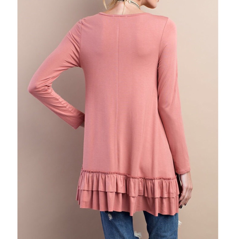 Light brick ruffle hem long sleeve tunic top - Picture 3 of 4