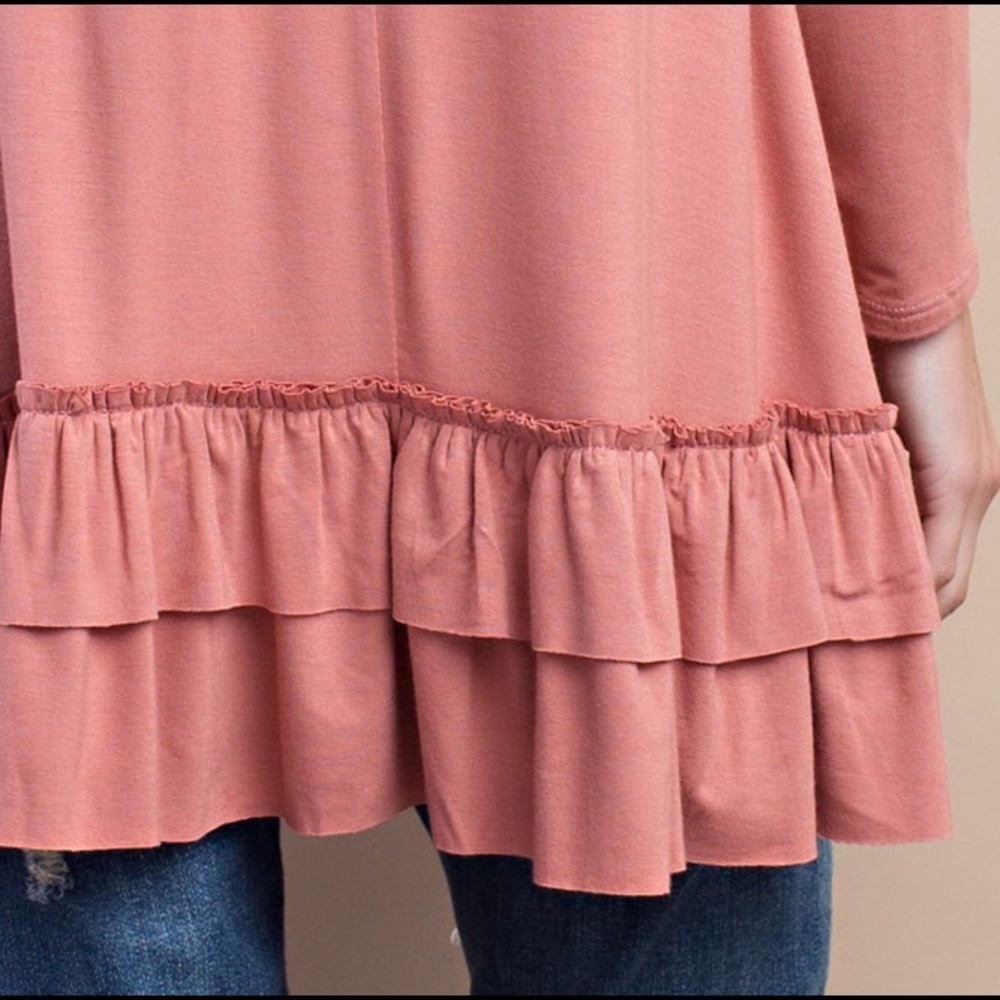 Light brick ruffle hem long sleeve tunic top - Picture 4 of 4