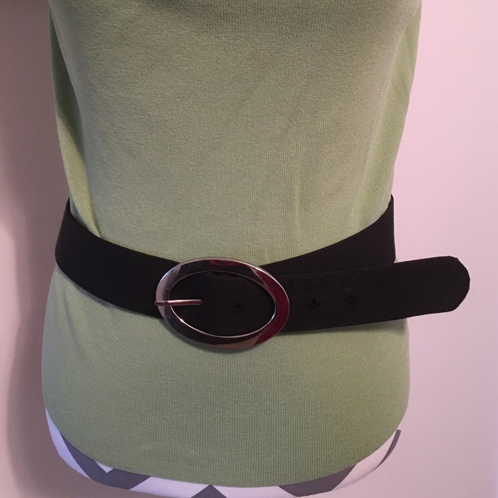 SOLD. Size 10 black fabric belt w/silver detail