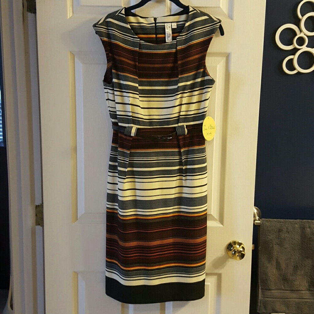 Black/cream/red/orange striped sheath dress