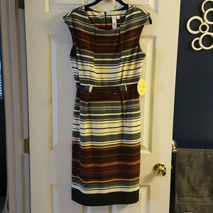Black/cream/red/orange striped sheath dress