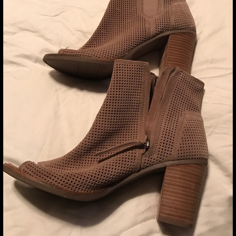 Suede peep toe booties.