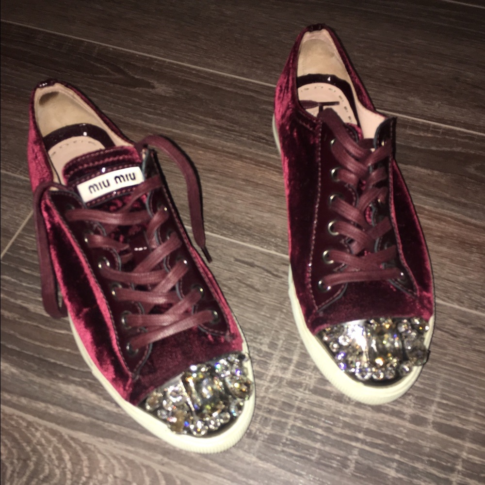 Authentic Miu Miu Leather &Velvet Jeweled Sneakers