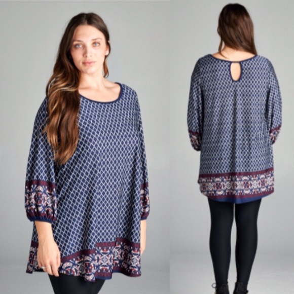 ❣️1X❣️ Plus Size Blue Printed Loose Tunic Top - Picture 2 of 2