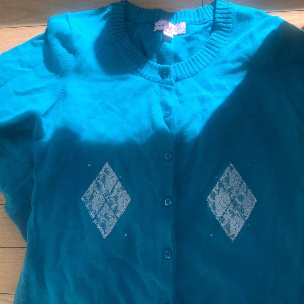 💕Exclusive Pink Poodle button on blue Cardigan💕