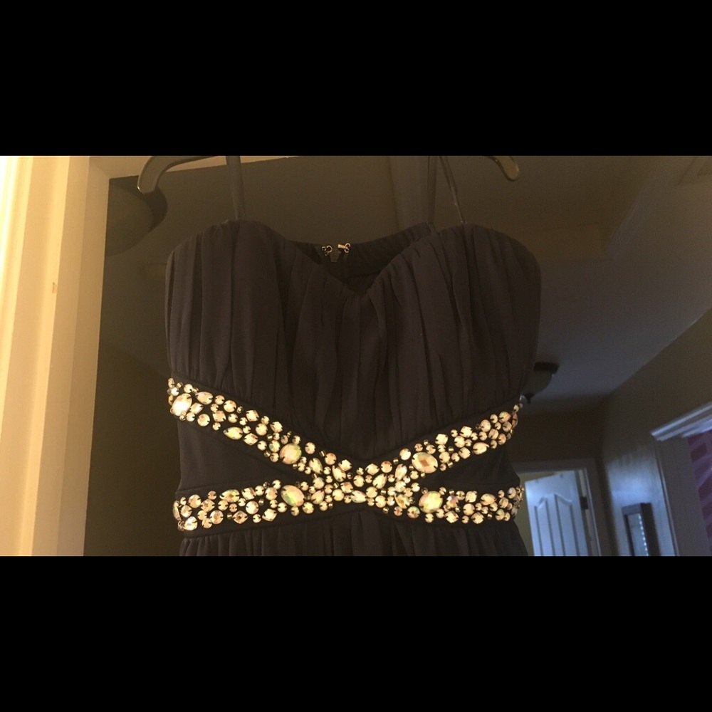 Navy and silver strapless ball gown