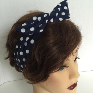 Headband blue white polka dots wire headband