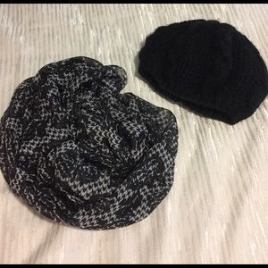 Knit hat and black and white infinity scarf.