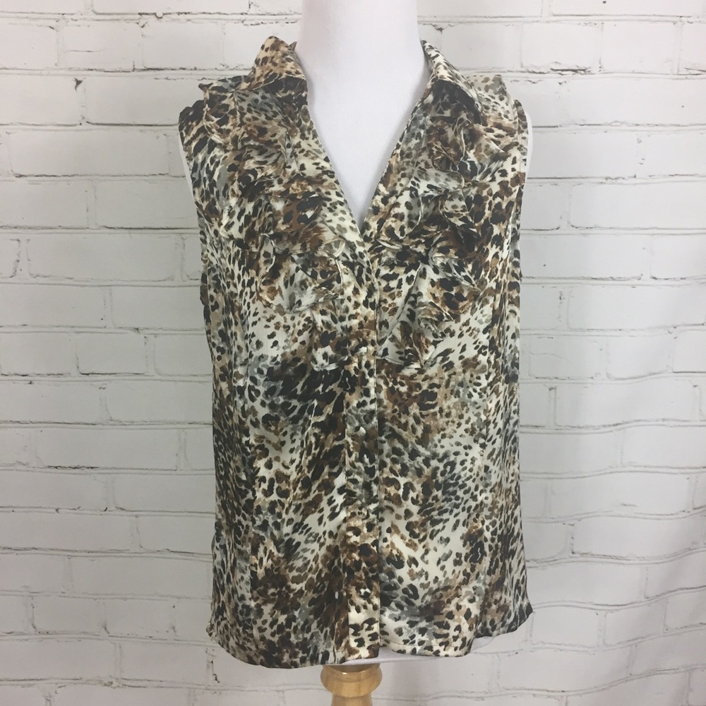 Cheetah Print Ruffled Tank Top Button Up Blouse