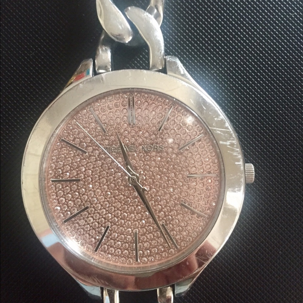 Michael Kors Watch Pink Crystals Face Silver Band