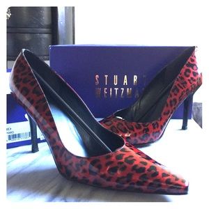 Stuart Weitzman Red Lacquered Leopard pumps.
