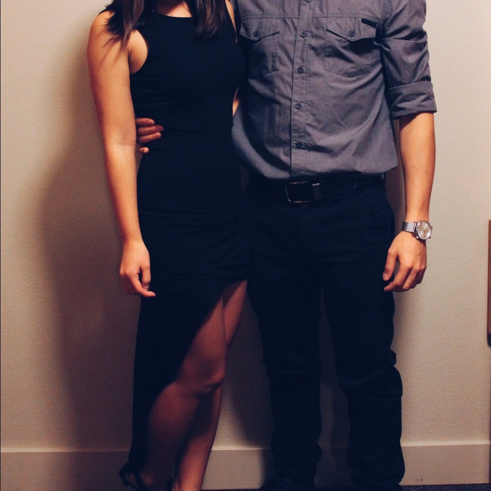 Front slit open back black dress