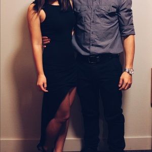 Front slit open back black dress