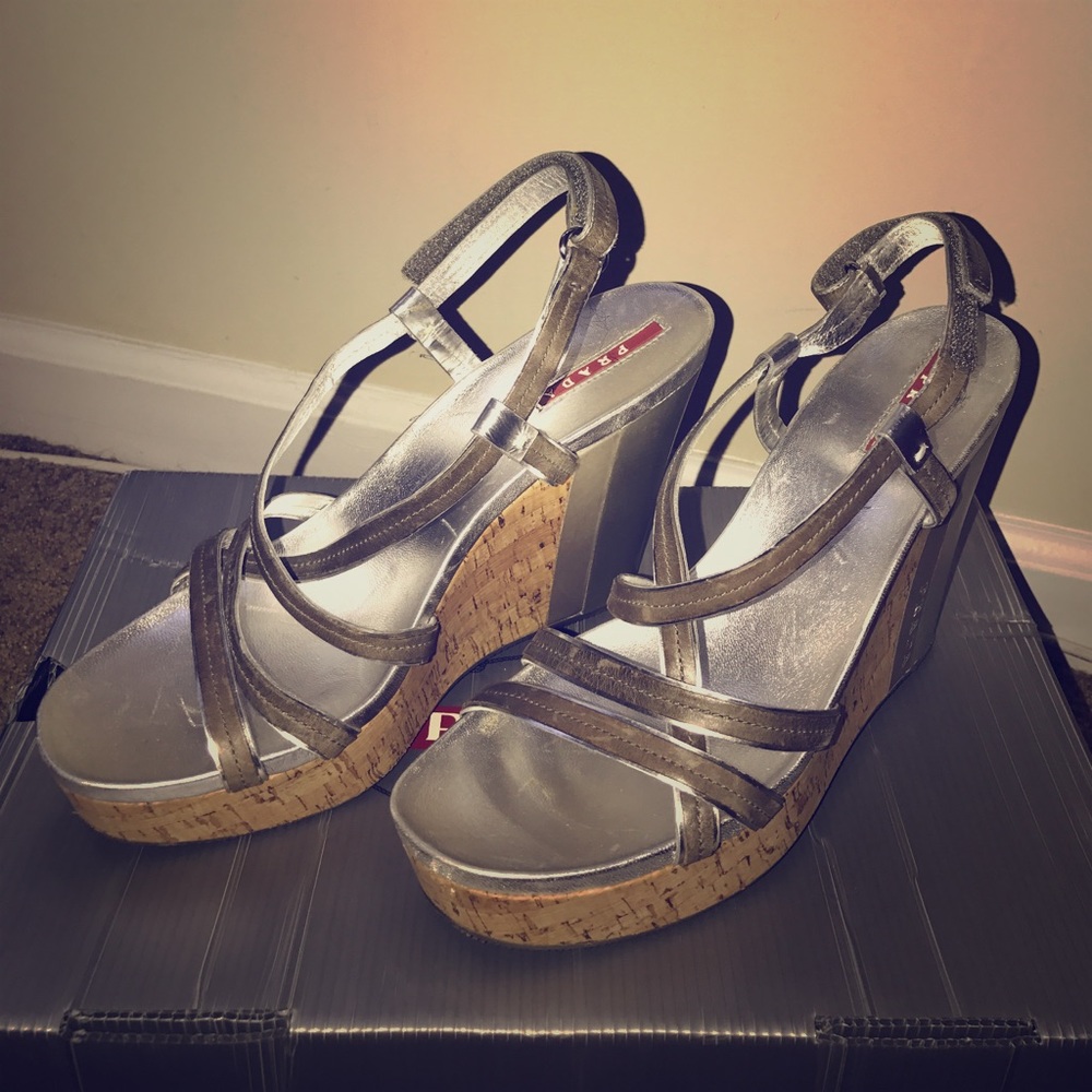 Silver Metallic Prada Wedge Sandal