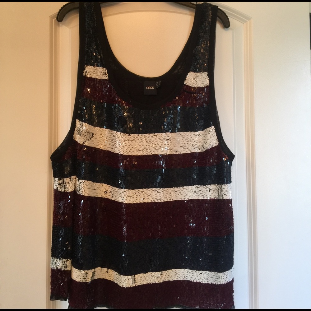 Asos maroon, navy, and white sequin tank.