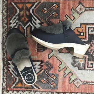 no. 6 Shoes - No. 6 Shearling and Navy Leather Clogs no. 6 Shoes - No. 6 Shearling and Navy Leather Clogs