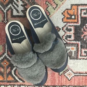 no. 6 Shoes - No. 6 Shearling and Navy Leather Clogs no. 6 Shoes - No. 6 Shearling and Navy Leather Clogs