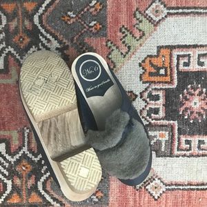 no. 6 Shoes - No. 6 Shearling and Navy Leather Clogs no. 6 Shoes - No. 6 Shearling and Navy Leather Clogs