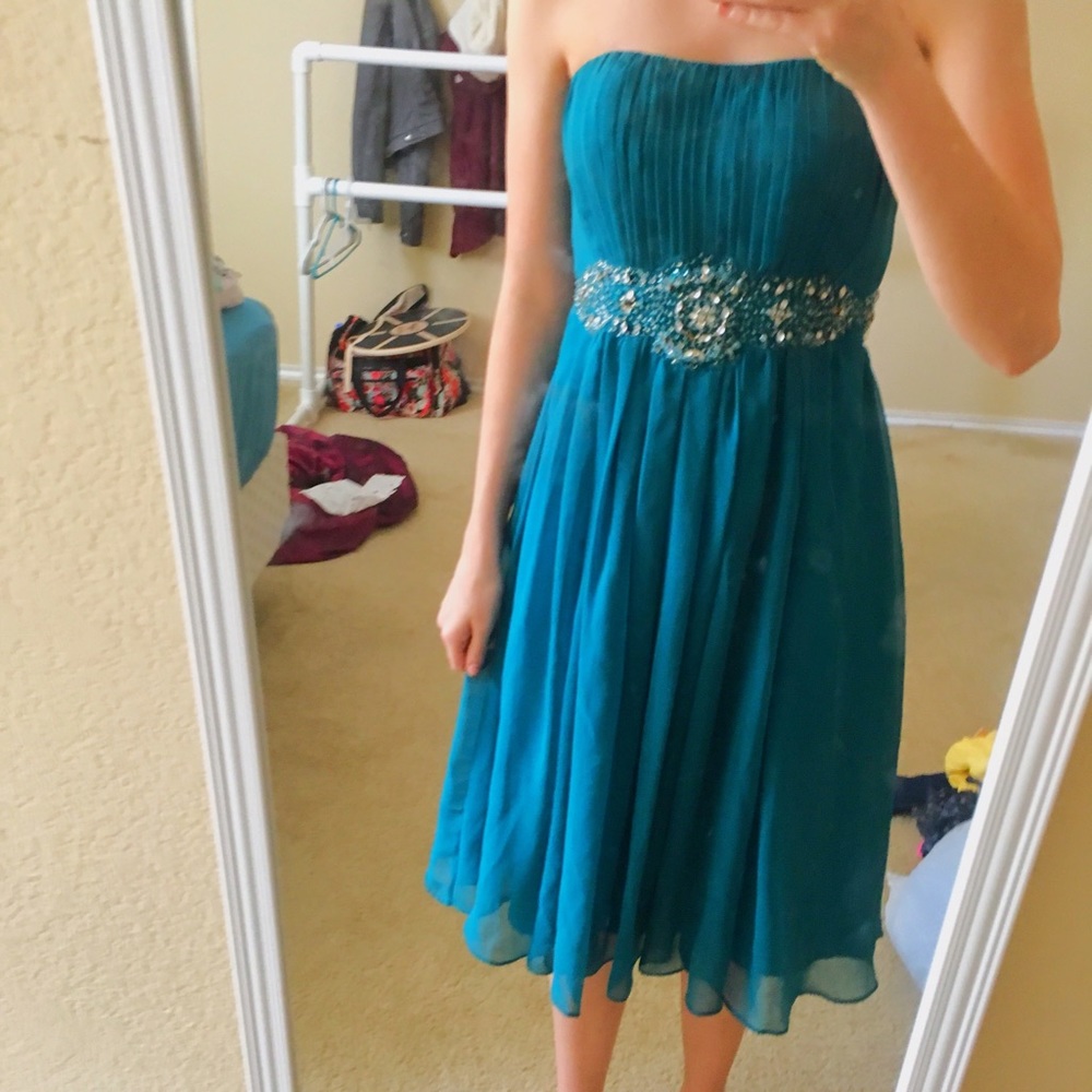 Blue/green beaded prom dress
