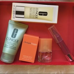 Clinique perfume, lipstick, cleanser, moisturizer