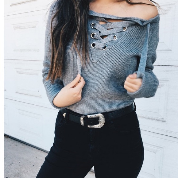LF Sweaters - Grey lace up sweater size small