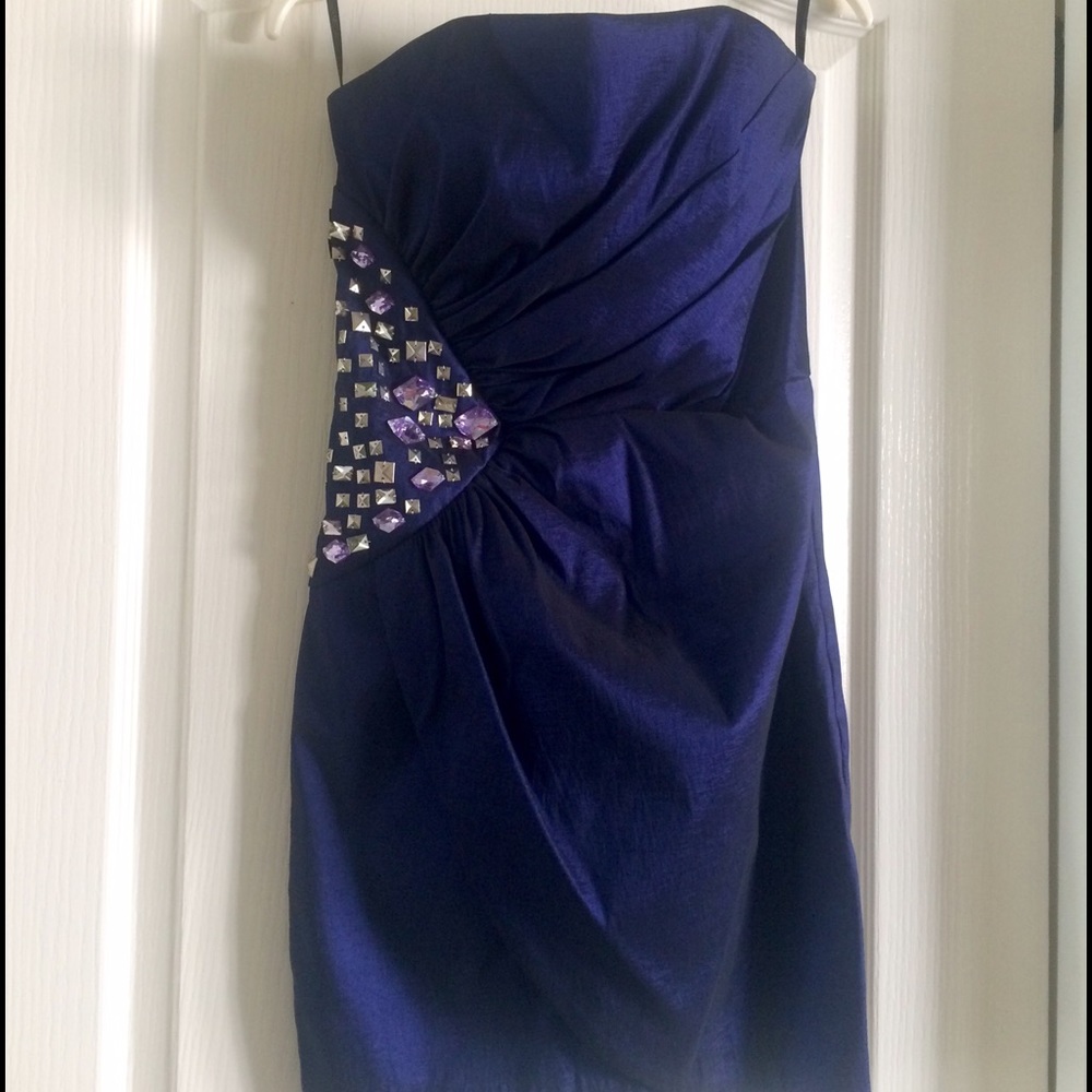 Formal Navy Strapless Jeweled Dress