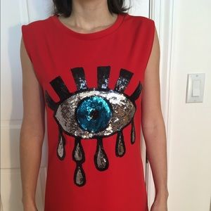 Mini Red Dress with Large Sequin Evil Eye