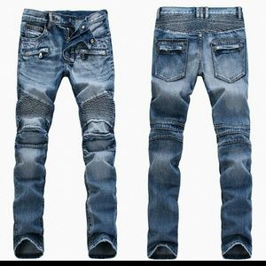 Mens biker moto ribbes knee panel jeans