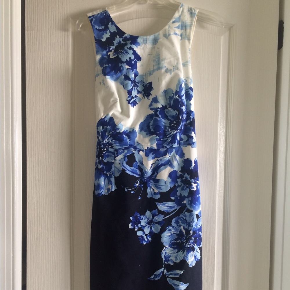Navy, sky blue and white floral formal dress