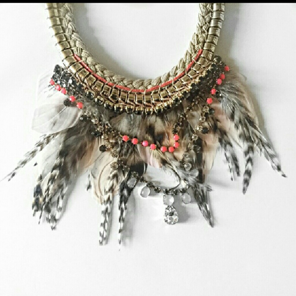 Choker, Rope & Gold w/ Feathers & Stones Express