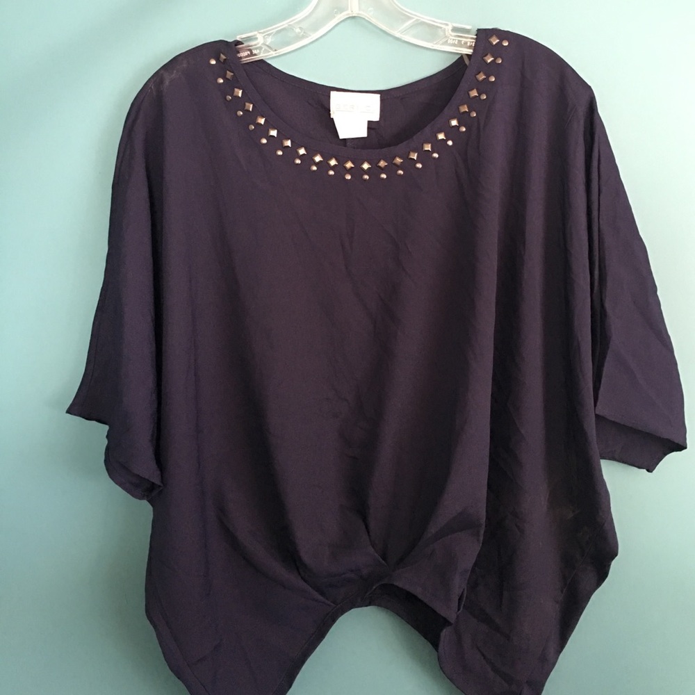 Navy blue short sleeve blouse w stud detail