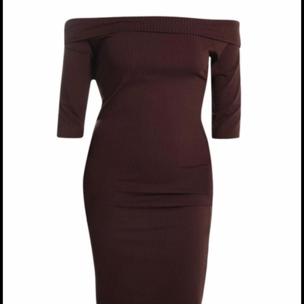 Boohoo Bardot midi dress in mocha SZ 18