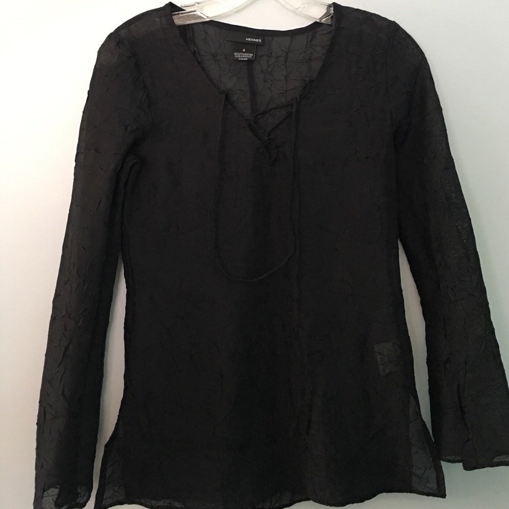 Sheer black tunic with tie front detail