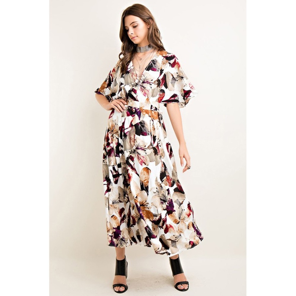 Flowy luxe floral print wrap maxi dress
